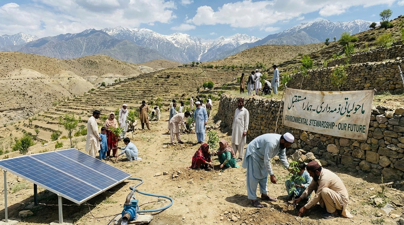 Community tree-planting event with solar-powered irrigation in villages around Jhimpir wind project